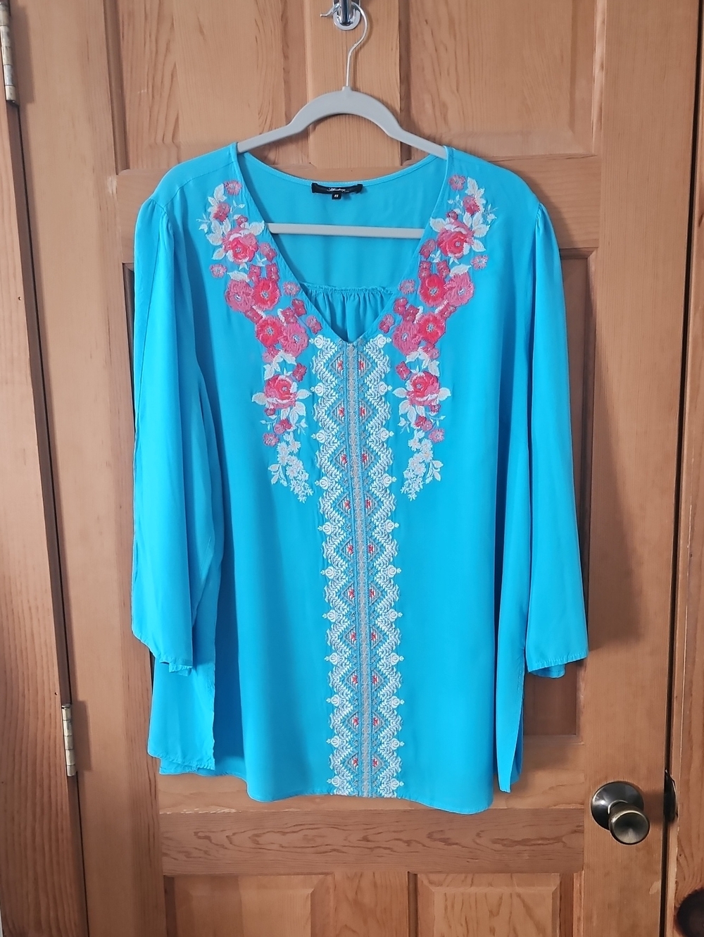 Embroidered Turquoise Floral V-Neck Women's Top